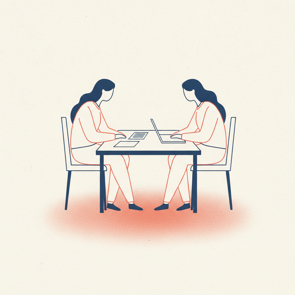 Illustration: Gesprächsszene mit Papieren und Laptop
