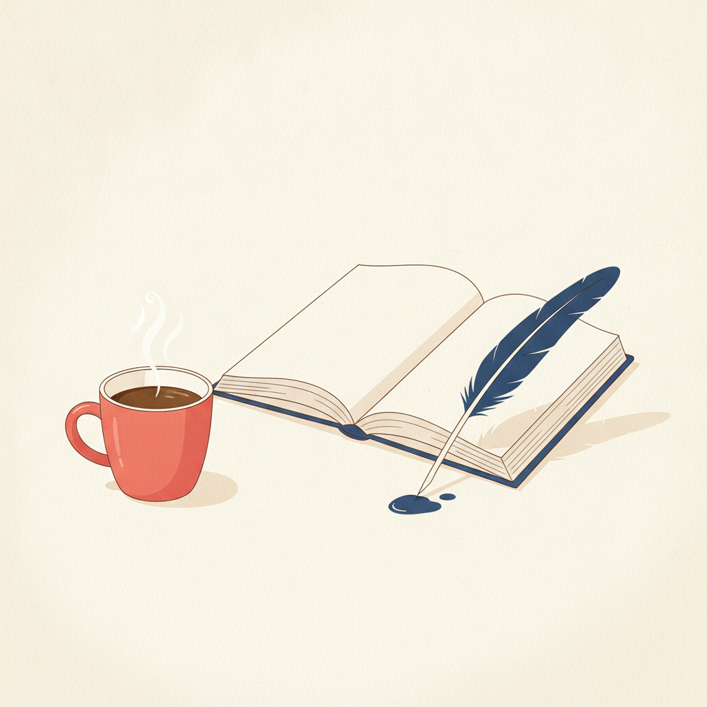 Illustration: Schreibtisch mit Buch, Feder und Tasse in warmem Licht